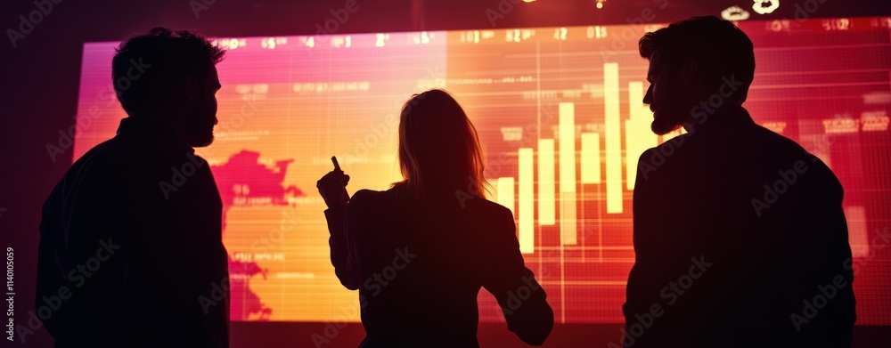 Aufkleber Silhouetted figures discuss data trends against a colorful financial graph backdrop.