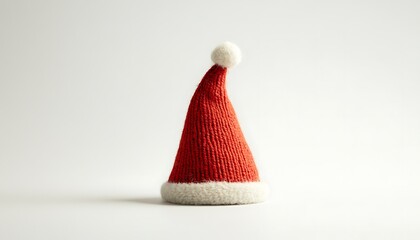 A small red and white knitted Christmas hat on a plain background.