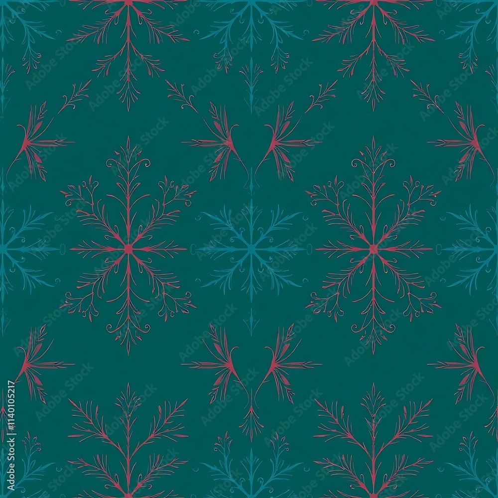 Poster teal and coral snowflake pattern: a delicate and elegant seamless pattern featuring intricately draw