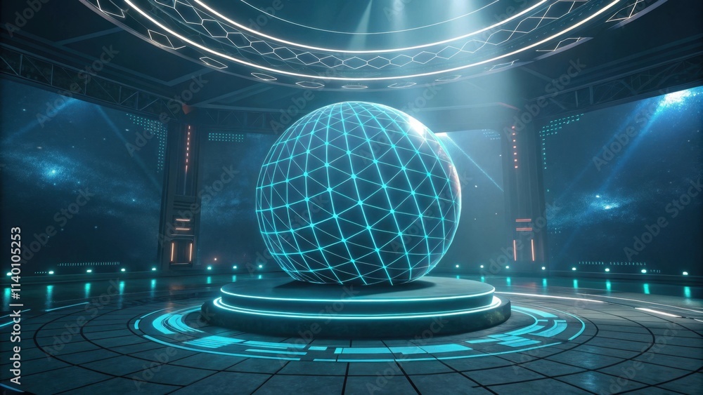 Poster a futuristic, illuminated globe sits on a circular platform in a dark, high-tech environment, radiat