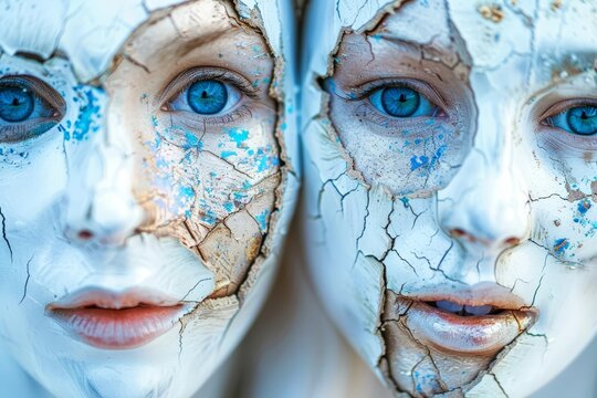 Woman taking off a cracked mask, signifying the unveiling of true self and hidden emotions