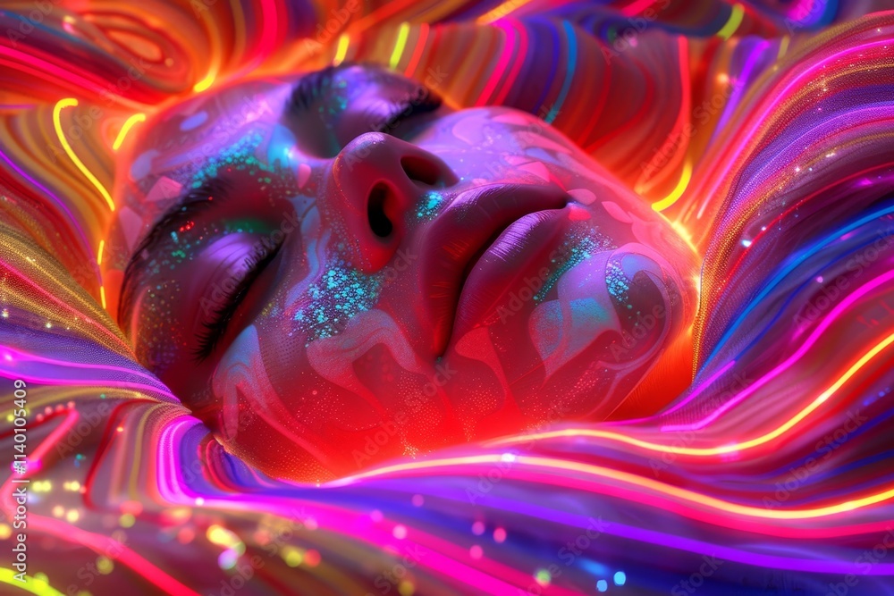 Poster futuristic human face featuring illuminated neural patterns and advanced technology elements