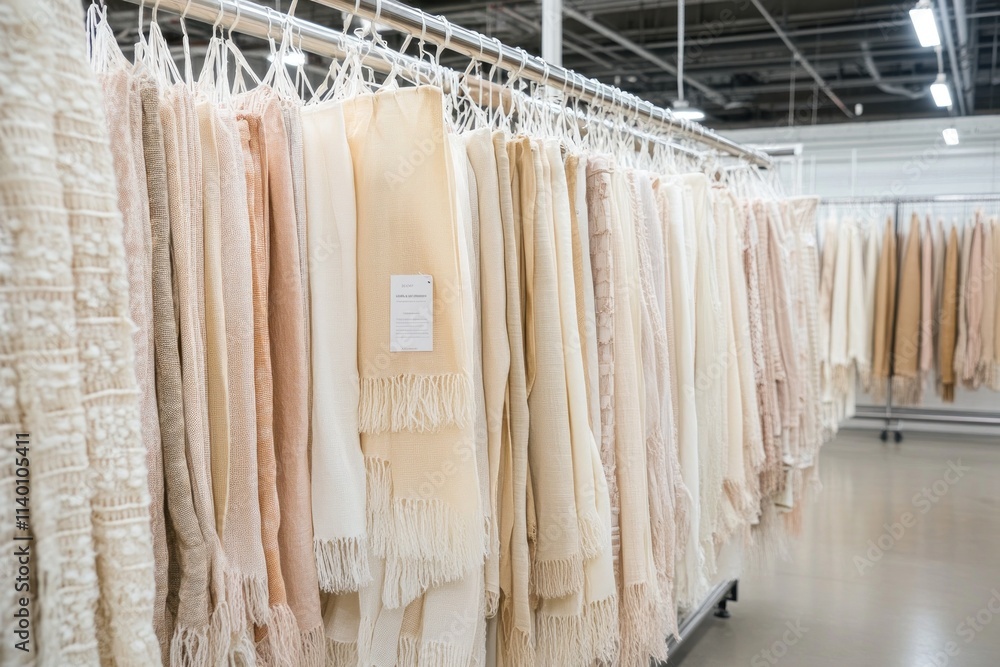Poster A display of various soft textiles in neutral tones hanging in a retail space.
