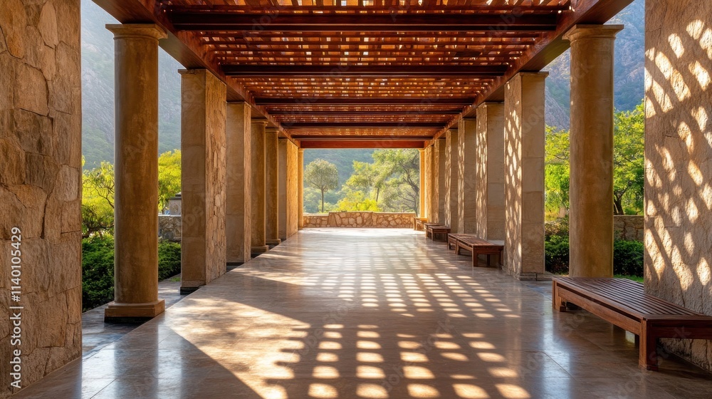 Poster a serene corridor with patterned shadows and benches, inviting relaxation and contemplation.