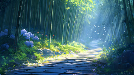Discover the Soothing Journey of a Winding Path Through Serene Bamboo Groves Illuminated by Dappled Light