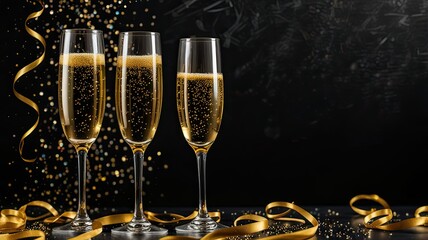 Three elegant glasses filled with sparkling beverage are surrounded by golden ribbons and shimmering confetti creating a joyful celebration atmosphere