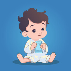 Cute Baby boy with milk bottle on his hand isolated on blue background, vector illustration design.