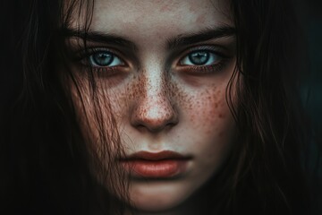 Captivating close-up of a young woman with striking blue eyes and freckles