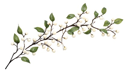A decorative branch with white berries and green leaves, suitable for floral arrangements.