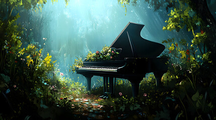 Artistic Representation of Soothing Symphony Elements with Tranquil Sounds Amidst a Lush Peaceful Backdrop