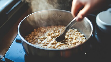 Warm Bowl of Oatmeal Being Stirred on a Stovetop with Steam Rising in a Cozy Kitchen Scene