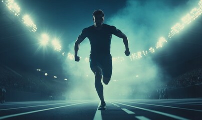 Fototapeta premium Runner sprints stadium, night, spotlight.