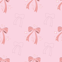 The bright pink bow is sparkling and fluttering. There is a bow around the outside.Seamless pattern. Vector.