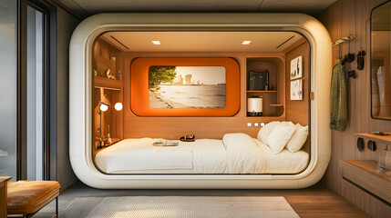 Fototapeta premium Modern Hotel Room Pods Interior Design Architecture, capsule hotel room interior design architecture
