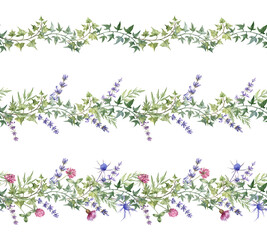 Floral garlands clip art; wildflowers painted in watercolor. Elegant seamless design with ivy, lavender, clover and thistle. For decorative tape, ribbons, scrapbooking, greeting cards and invitations 