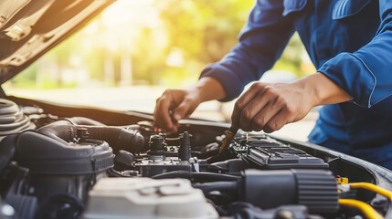 Mechanic Working on Engine Repair of Car Under Open Hood in Bright Outdoor Setting