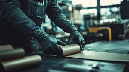 Obraz premium Worker in Gloves Packing Items for Shipment in a Warehouse Environment