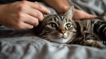 Close-Up of a Cat Being Petted on a Cozy Gray Bedspread