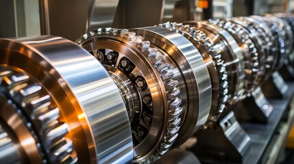 Fototapeta premium Precision Engineering Close-Up of Machinery Components in Modern Factory Setting