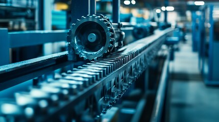 Close Up View of Factory Machine Gears and Belts in Motion Creating Industrial Dynamics