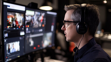 Online Expert Hosting Live Shopping Event with Multiple Monitors and Headphones