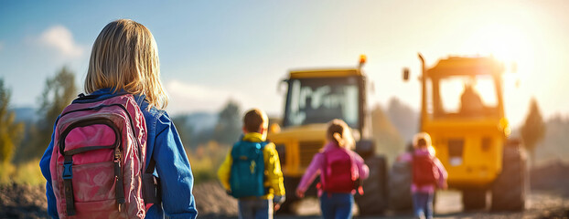 Obraz premium Children Walking Near Construction Site with Heavy Machinery in Background