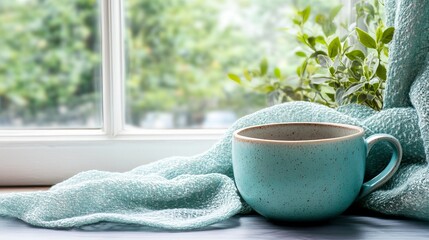 Tranquil Morning Scene with Cup of Tea by the Window and Soft Fabrics in Natural Light