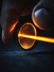 Hand holding a lens focusing a laser beam.