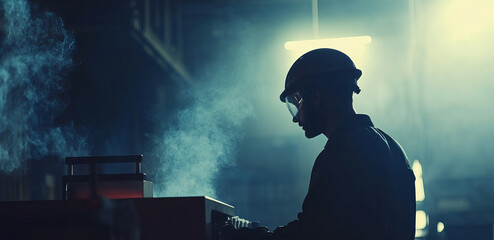 Worker in Safety Gear at Factory Engaged in Task with Smoke and Ambient Light