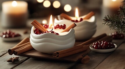 Christmas Candles with Cinnamon Sticks and Pine Branches on Wooden Table