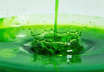 Stream of vibrant green liquid pouring into a container, creating a splash and ripples