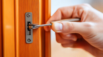 Hand of a Person Tightening a Loose Hinge on a Wooden Door in a Home Setting