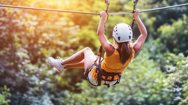 Adventurous Seeker Ziplining Through a Lush Forest on a Sunny Day