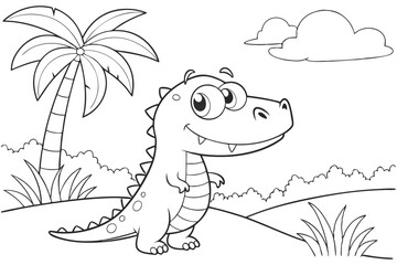 cute dinosaur some grass and a tree, coloring book