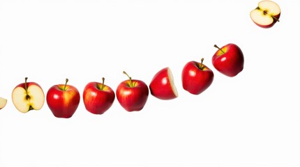 Red Apples Falling with Green Stems on White Background