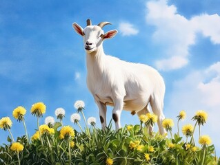 Obraz premium White Goat Standing on Green Hill Surrounded by Dandelion Flowers Against Blue Sky