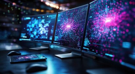 A futuristic workspace featuring multiple screens displaying vibrant, abstract data visualizations and digital networks.