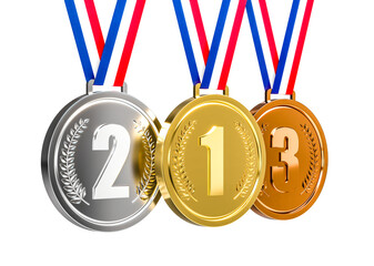 Gold, silver and bronze medals hanging with red white and blue ribbons on transparent background