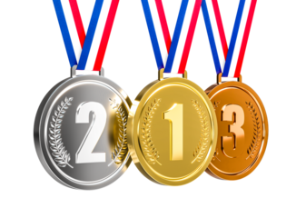 Gold, silver and bronze medals hanging with red white and blue ribbons on transparent background