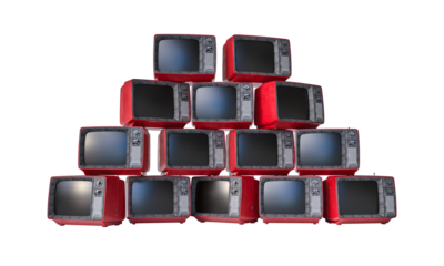 Pyramid of vintage red televisions forming a stack on transparent background