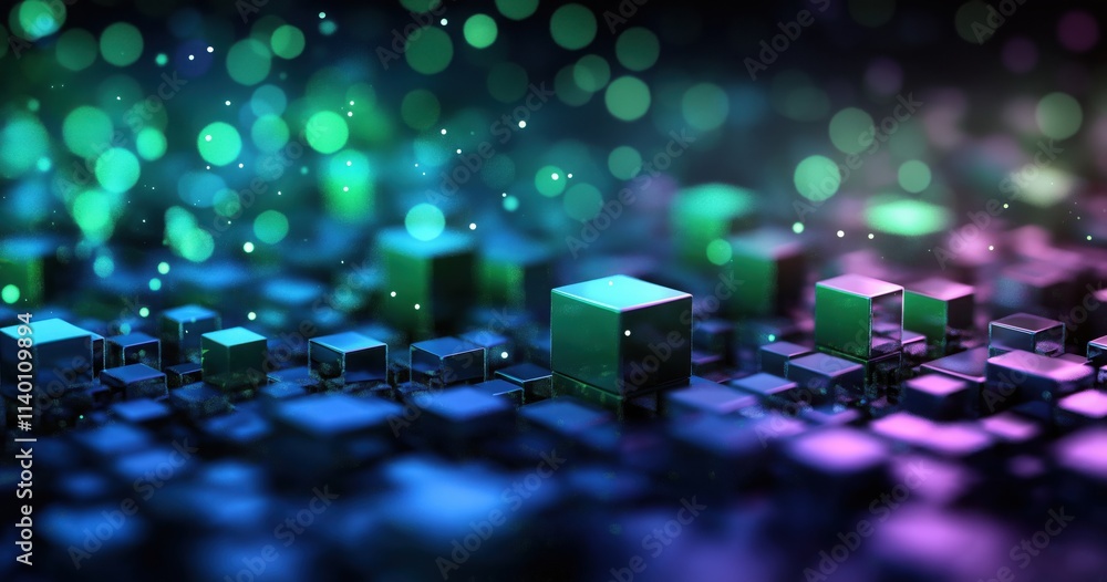 Poster a vibrant, abstract scene featuring illuminated cubes against a blurred background of colorful bokeh