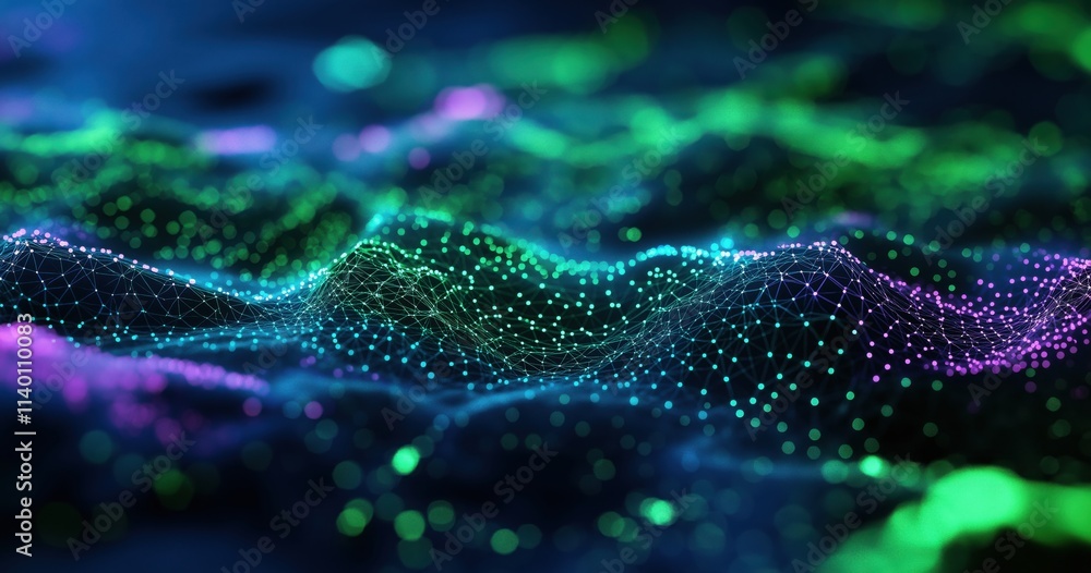 Poster a vibrant abstract scene showcasing colorful waves of light and particles, creating a mesmerizing, d