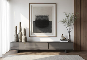 Minimalist home interior design of modern living room. Stylish cabinet near white wall with stone decorative sculpture and big art work in frame.