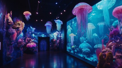 Glowing jellyfish, vibrant coral, underwater scene.