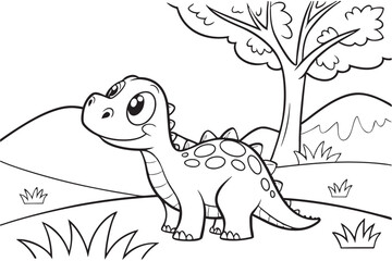cute dinosaur some grass and a tree, coloring book