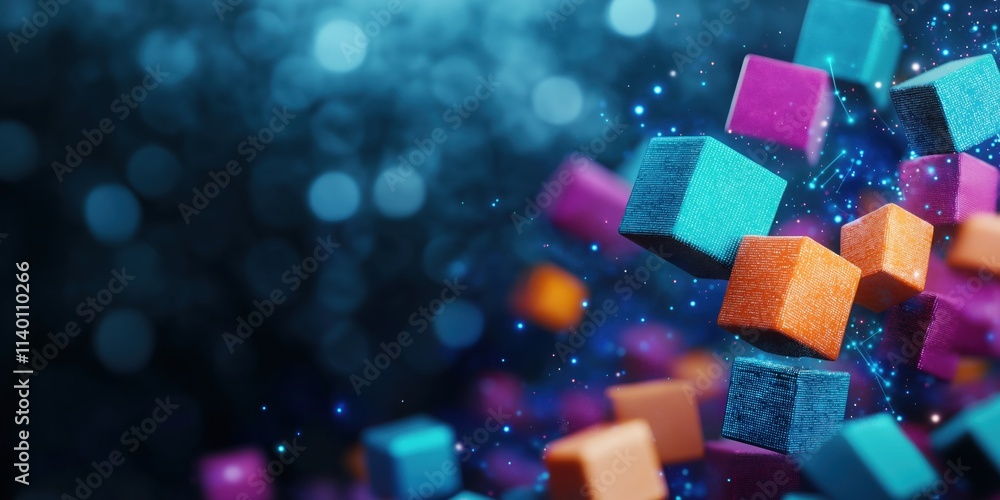 Poster colorful cubes float through a shimmering, abstract background, creating a vibrant and dynamic visua