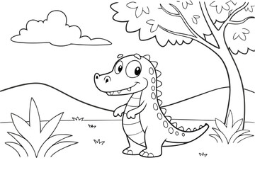 cute dinosaur some grass and a tree, coloring book