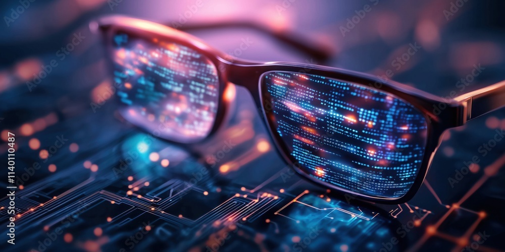 Aufkleber futuristic glasses display vibrant data, blending technology with vision, symbolizing digital innova