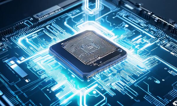 A close-up of a computer processor on a circuit board, showcasing technology and design.