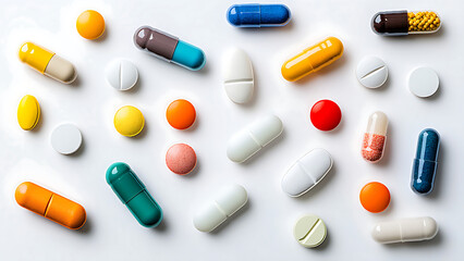 Many different colored pills and capsules are scattered.